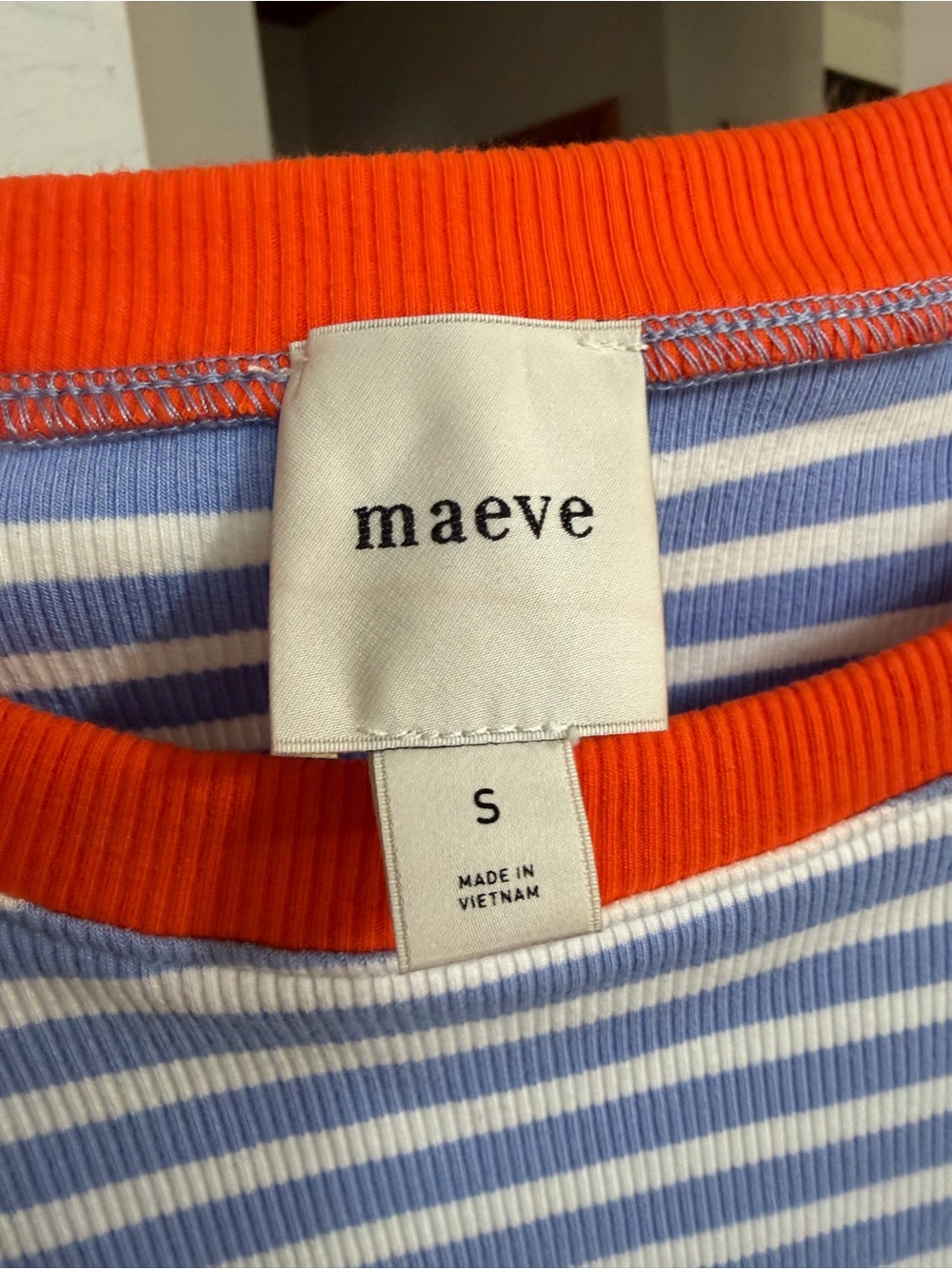 Anthropologie Maeve Blue-and-White Striped Puff-Sleeve Tee with Orange Trim - Picture 5 of 5